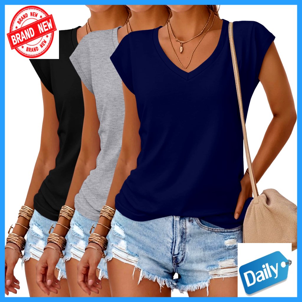 3 Pack V-Neck Cap Sleeve T-Shirts, Loose Fit Summer Tops, Soft Stretch Fabric